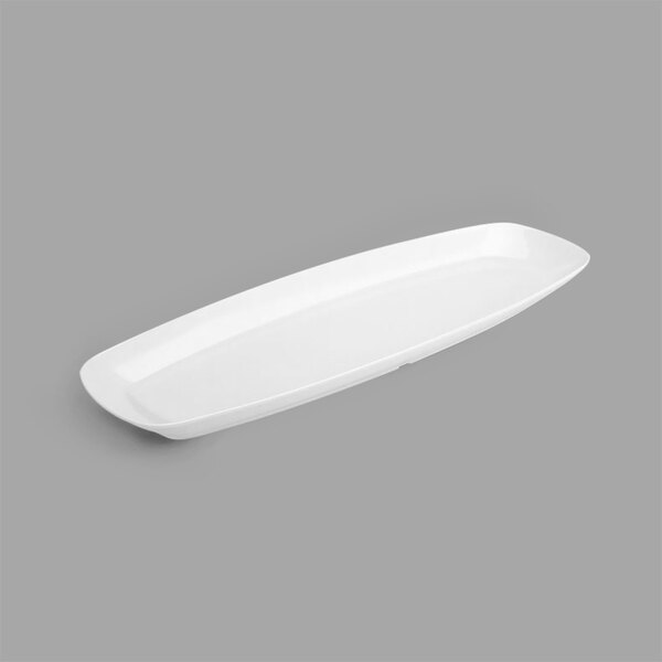A white oval melamine platter with long handles.