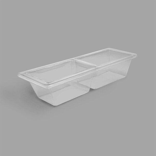 A clear plastic rectangular food bin insert with two compartments.