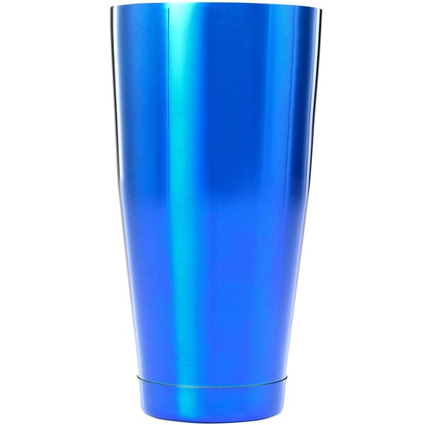 A blue container with a silver rim.