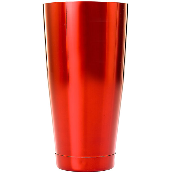 A red Barfly cocktail shaker tin.