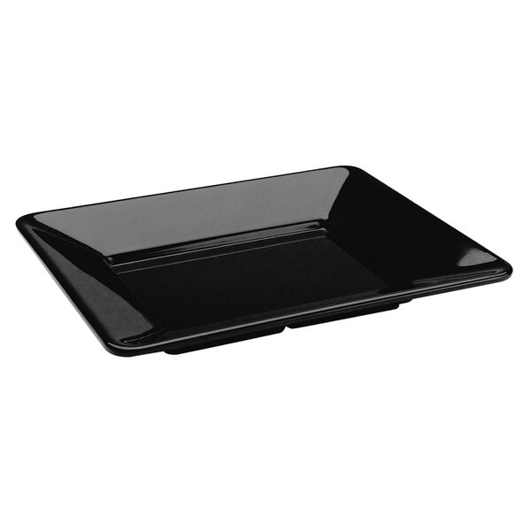 A black rectangular melamine tray with a black rim.
