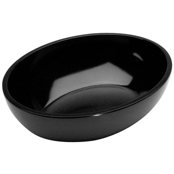A black oval melamine bowl with a white background.