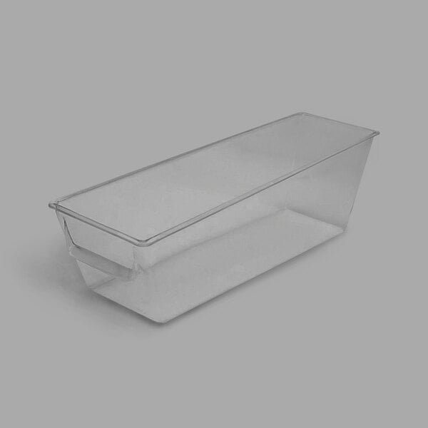 A clear plastic rectangular bulk bin with a clear handle.