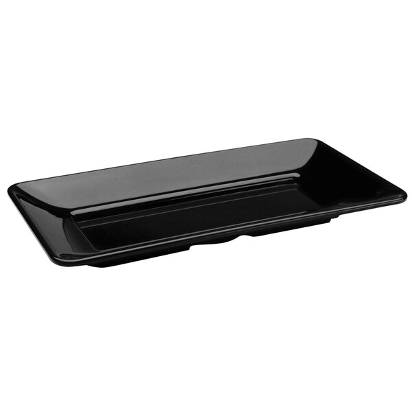 A black rectangular Delfin melamine tray with handles.