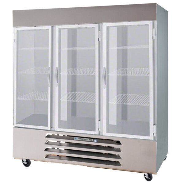 A Beverage-Air white reach-in refrigerator with glass doors and LED lighting.