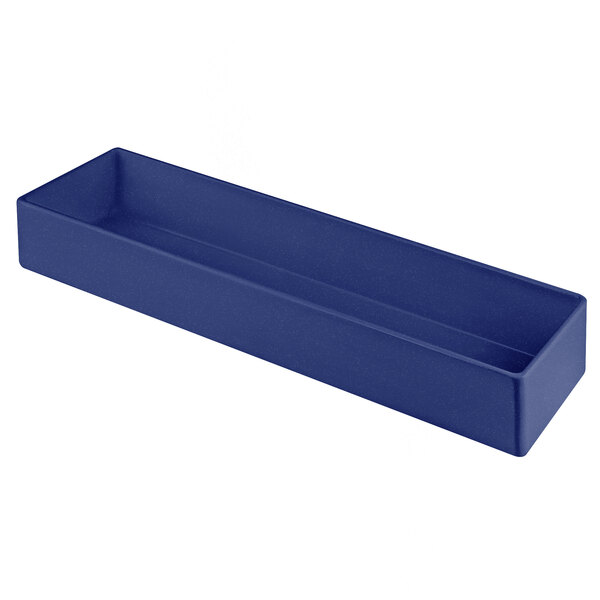 A blue rectangular Tablecraft bowl with speckles on a white background.