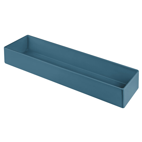 A rectangular blue Tablecraft cast aluminum bowl with a handle.