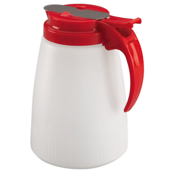 A white and red plastic pitcher with a red lid.