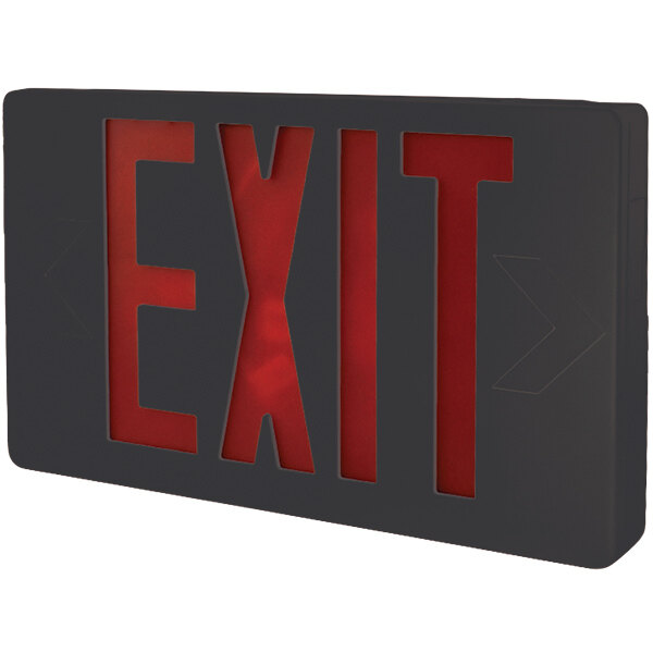 A black rectangular exit sign with red lettering.