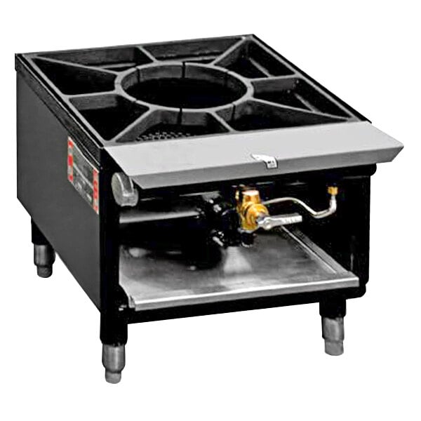 A black and silver Town liquid propane stock pot range with a circular gas burner and front manifold.