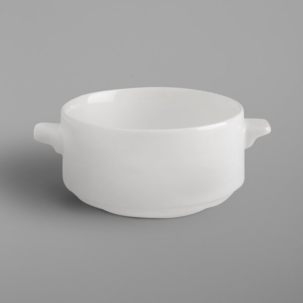 A white RAK Porcelain soup bowl with handles.