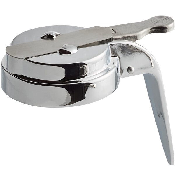 A silver circular Vollrath Dripcut top with a metal handle.