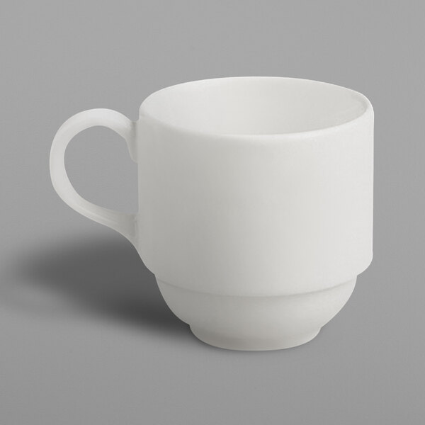 A white RAK Porcelain stackable cup with a handle.
