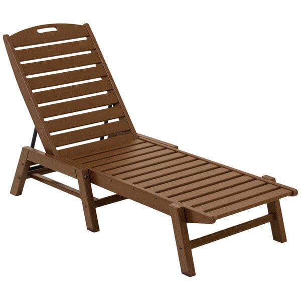 A brown POLYWOOD Nautical folding chaise lounge chair.