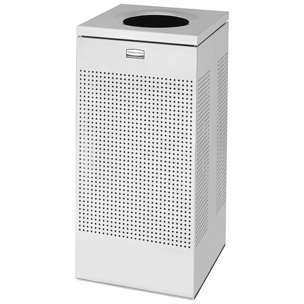 A white rectangular Rubbermaid waste receptacle with a round lid with holes.