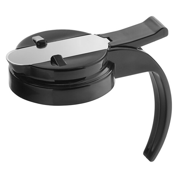 A black plastic Dripcut® lid for syrup servers.