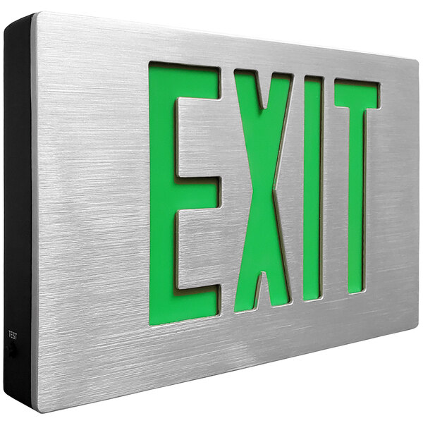 A Lavex aluminum exit sign with green lettering on a metal wall.
