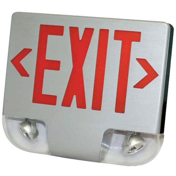 A close-up of a Lavex aluminum exit sign with red lettering and a red arrow.