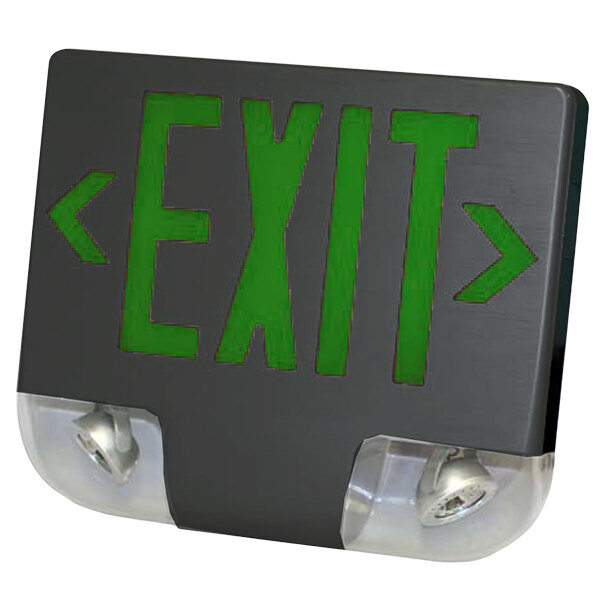 A black exit sign with green lettering.