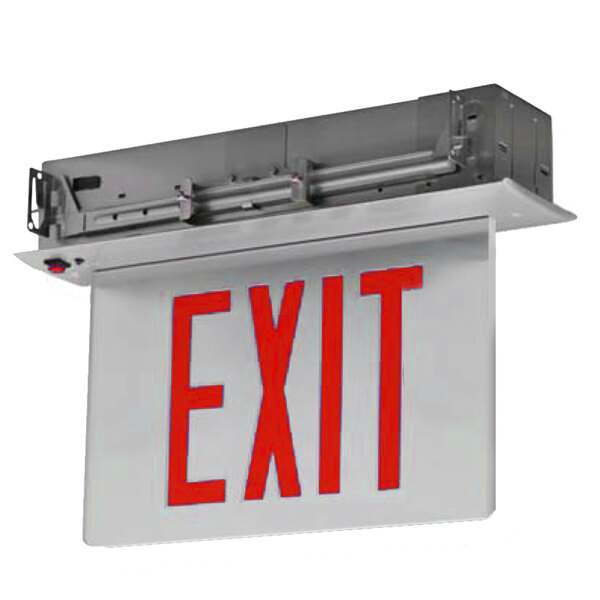 A white sign with red lettering that says "Exit"