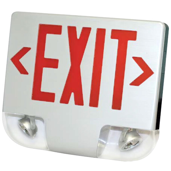 A white and red Lavex exit sign with red lettering.