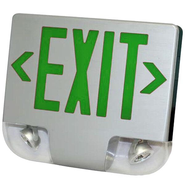 A close-up of a green and white Lavex exit sign with lights.
