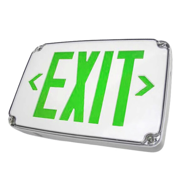 A white surface with a green exit sign.