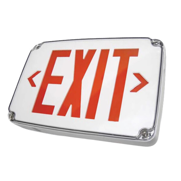A close up of a white exit sign with red lettering.
