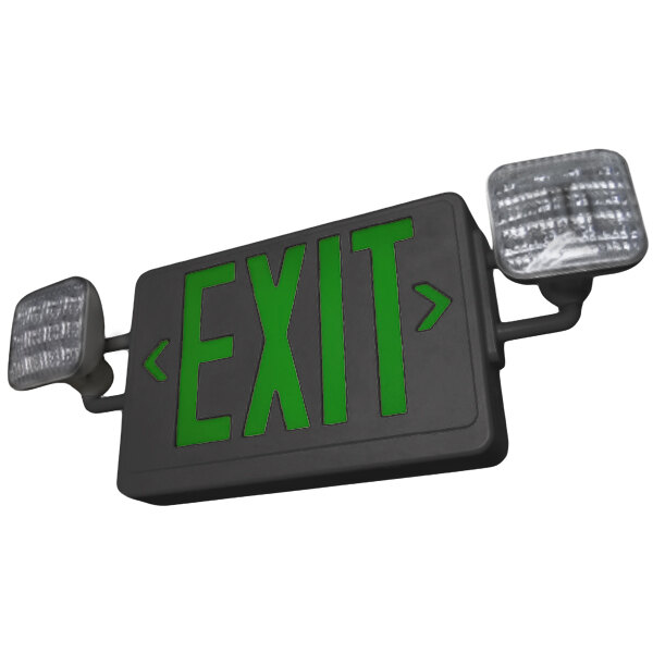 A black and green Lavex LED exit sign with green lights.