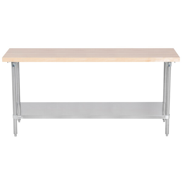 An Advance Tabco wood top work table with a stainless steel base and shelf.