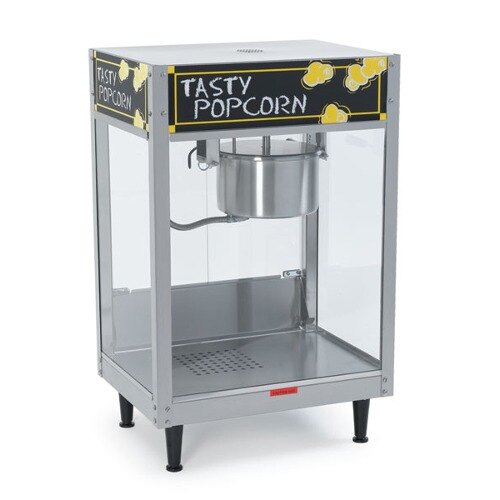 A Nemco popcorn popper with a sign that says "tasty" above a metal container.