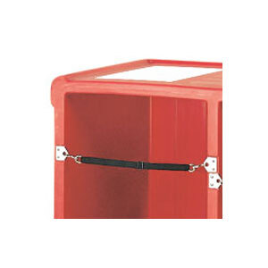 A red storage box with a black strap.