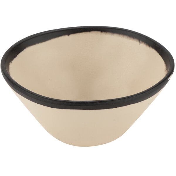 A white melamine bowl with a black rim.