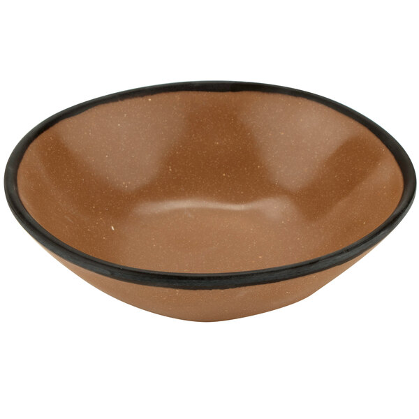 A matte speckled brown melamine salad bowl with black rim.