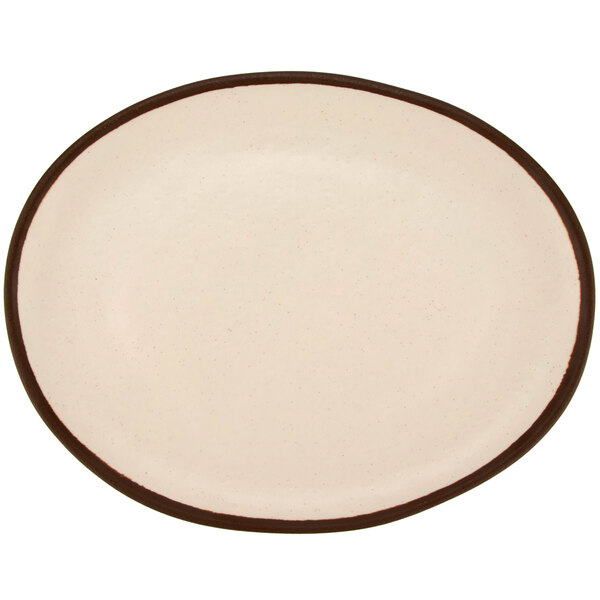 A white melamine platter with a brown rim.
