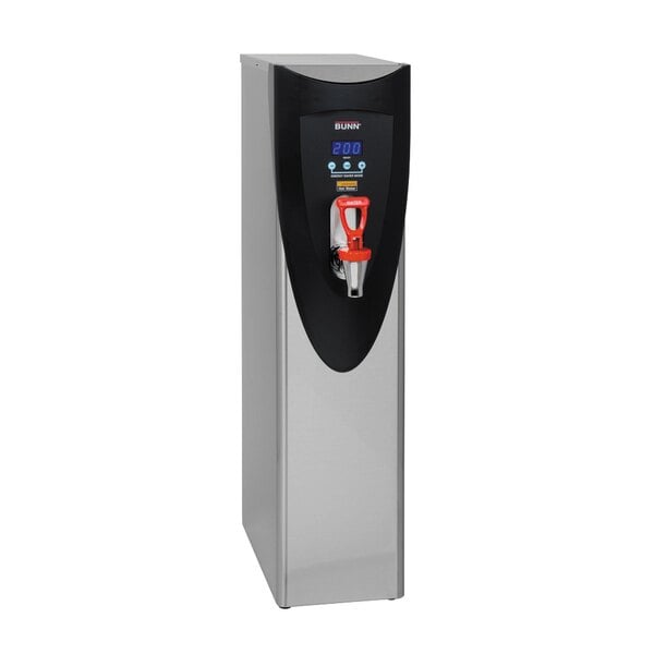 A stainless steel water dispenser with a black and silver side retaining bracket.