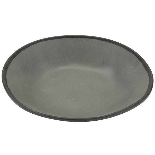 A matte speckled gray melamine bowl with a black rim.