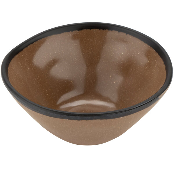 A matte speckled brown melamine bowl with a black rim.