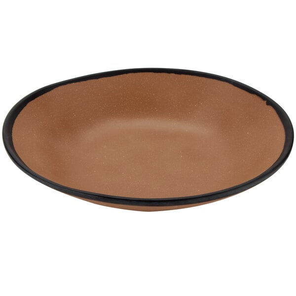 A brown melamine bowl with white speckles and a black rim.
