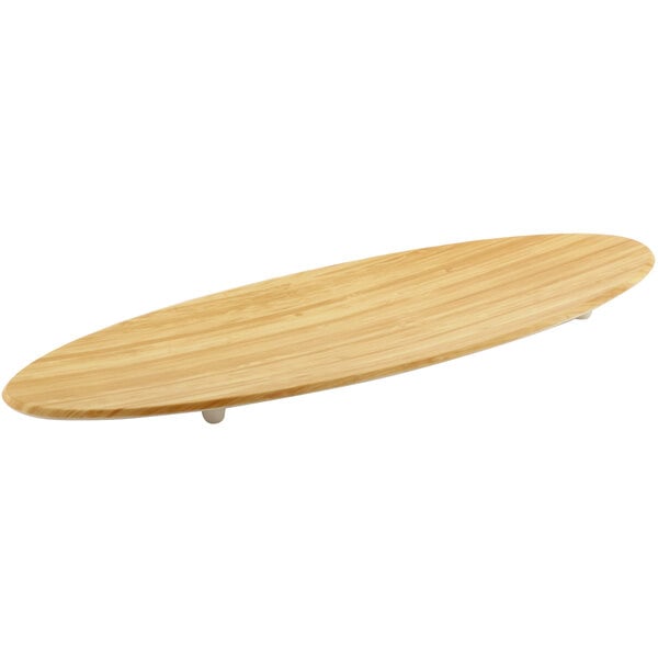 A faux bamboo surf board serving platter with a white background.