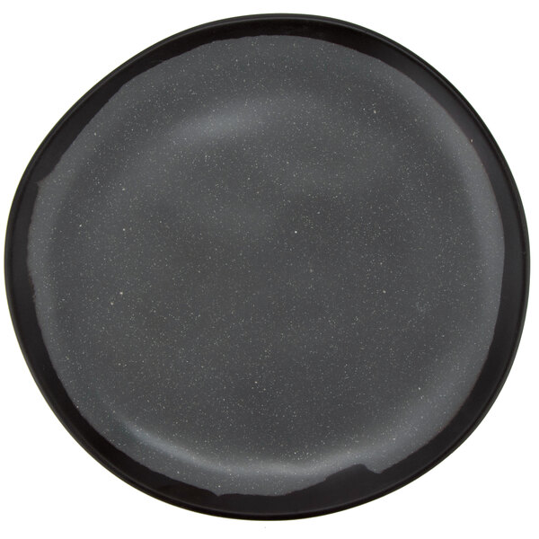 A matte speckled gray melamine bread plate with a black rim.
