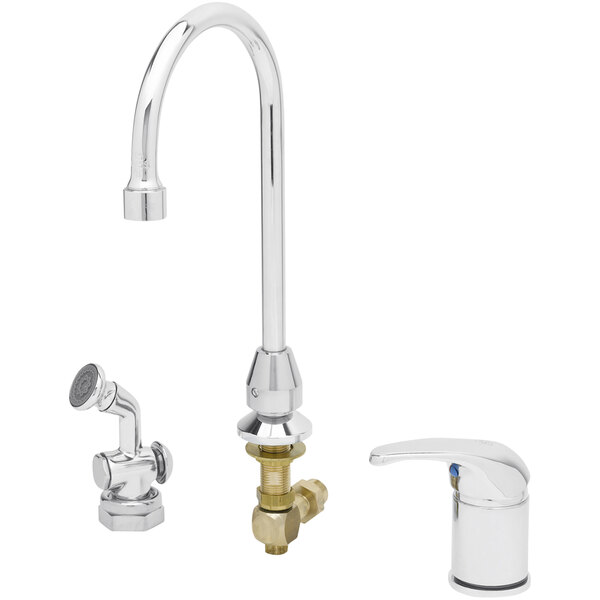 A chrome T&S side mount faucet with a swivel gooseneck and a couple of flexible stainless steel water connectors.