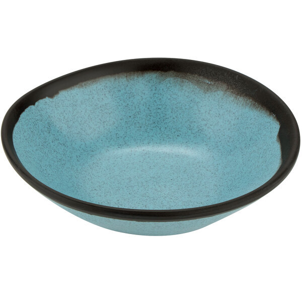 A matte speckled blue bowl with a black rim.