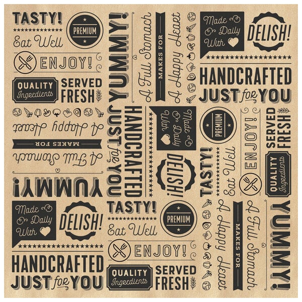 Brown deli wrap paper with black typography words on a white background.