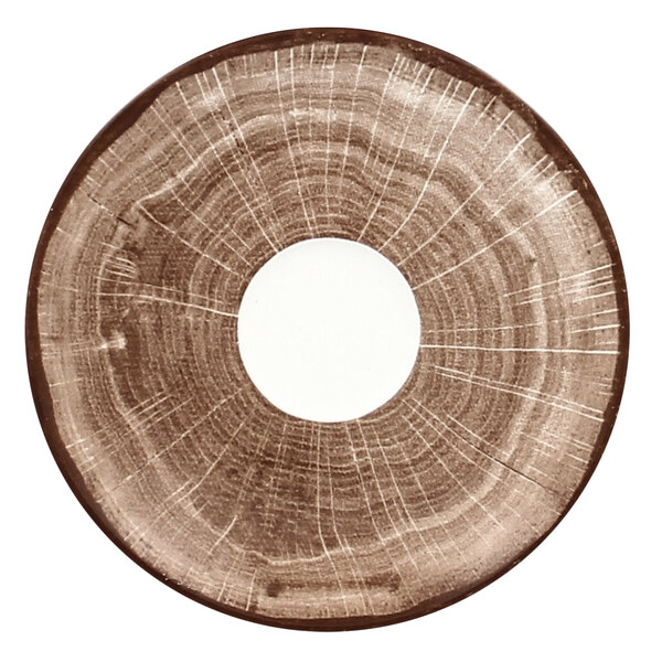 A circular oak brown porcelain saucer with a white circle in the middle.