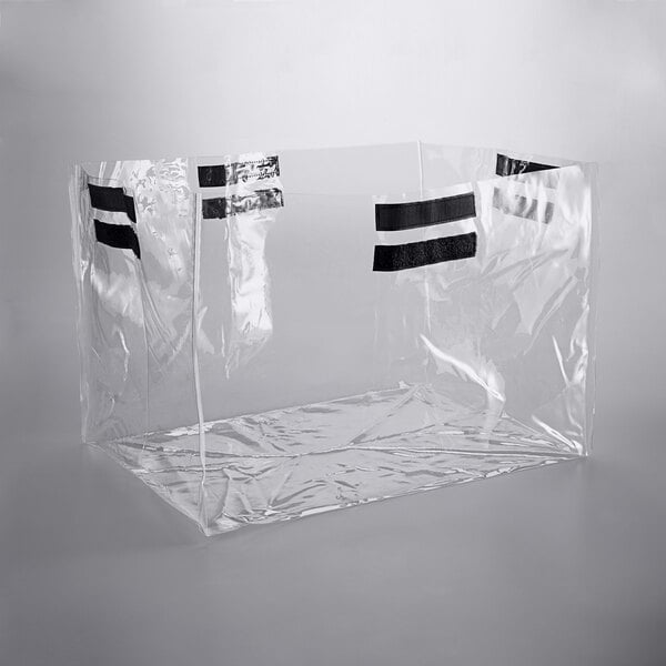 A clear plastic bag with black tape inside a clear plastic storage box.