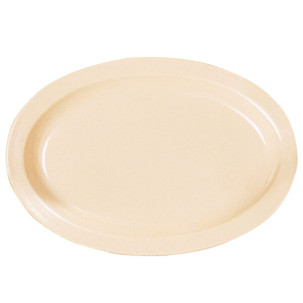 A white oval melamine platter with a narrow rim.
