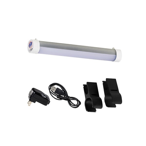 The E-Z Up Event Light Kit with a white rectangular light tube and a black charger.