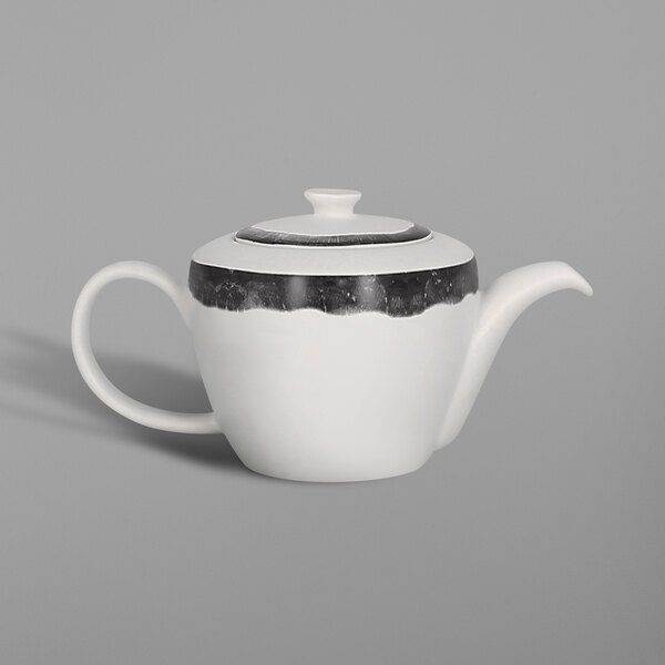 A white porcelain teapot with a black beech stripe.