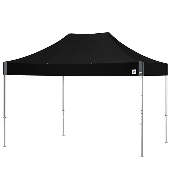 A black rectangular E-Z Up canopy with clear aluminum poles.